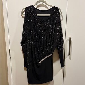 Chic Black Cold Shoulder Tunic Top with Silver Embellishment Design